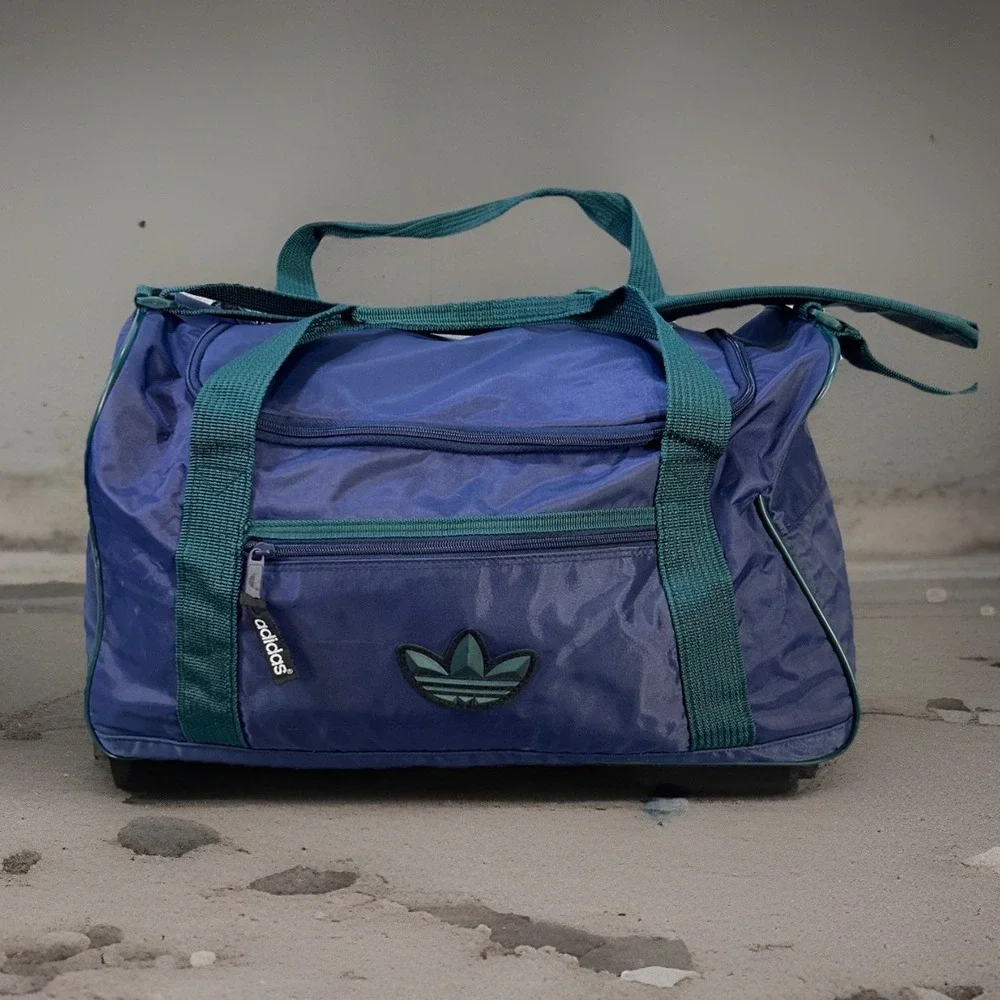 Vintage 80s 90s Adidas Trefoil Blue Green Nylon Duffel Gym Bag 19